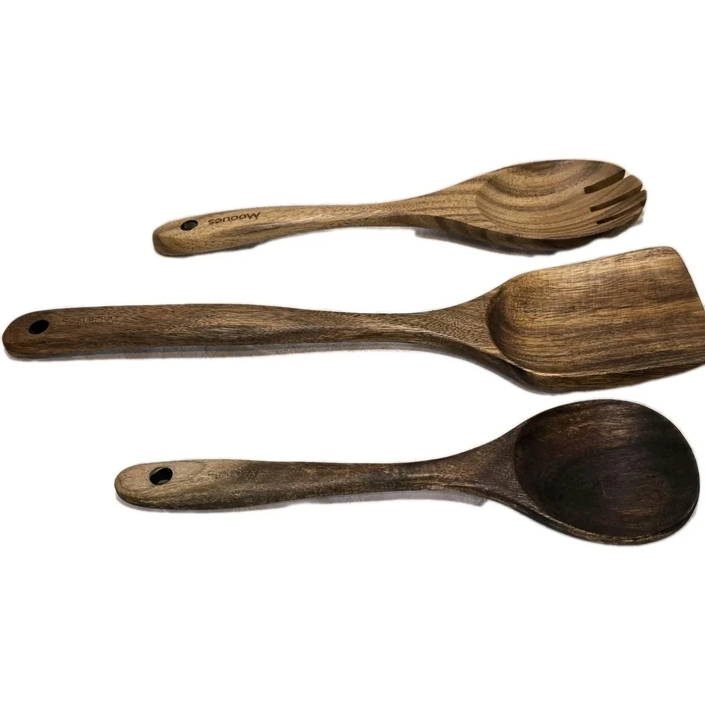 Mooues Acacia Wood Utensil Set w Holder 8pc GUC Rustic Kitchen 🍴